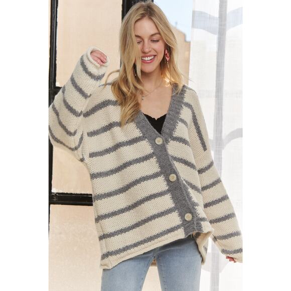 ADORA Horizontally Striped Print Long Sleeves Buttoned Sweater Cardigan | Blue - Picture 2 of 8